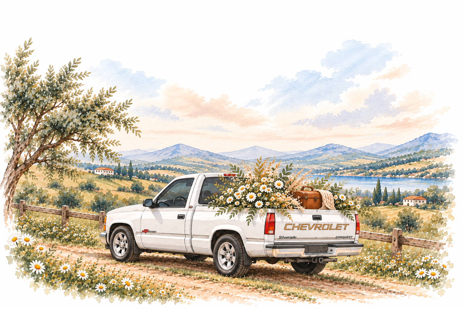 Silverado branca em paisagem campestre em aquarela
